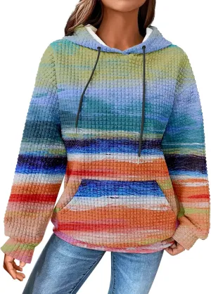 SHAOBGE Hoodies For Women Casual Pullover Waffle Long Sleeve Drawstring Hooded Sweatshirt with Pocket