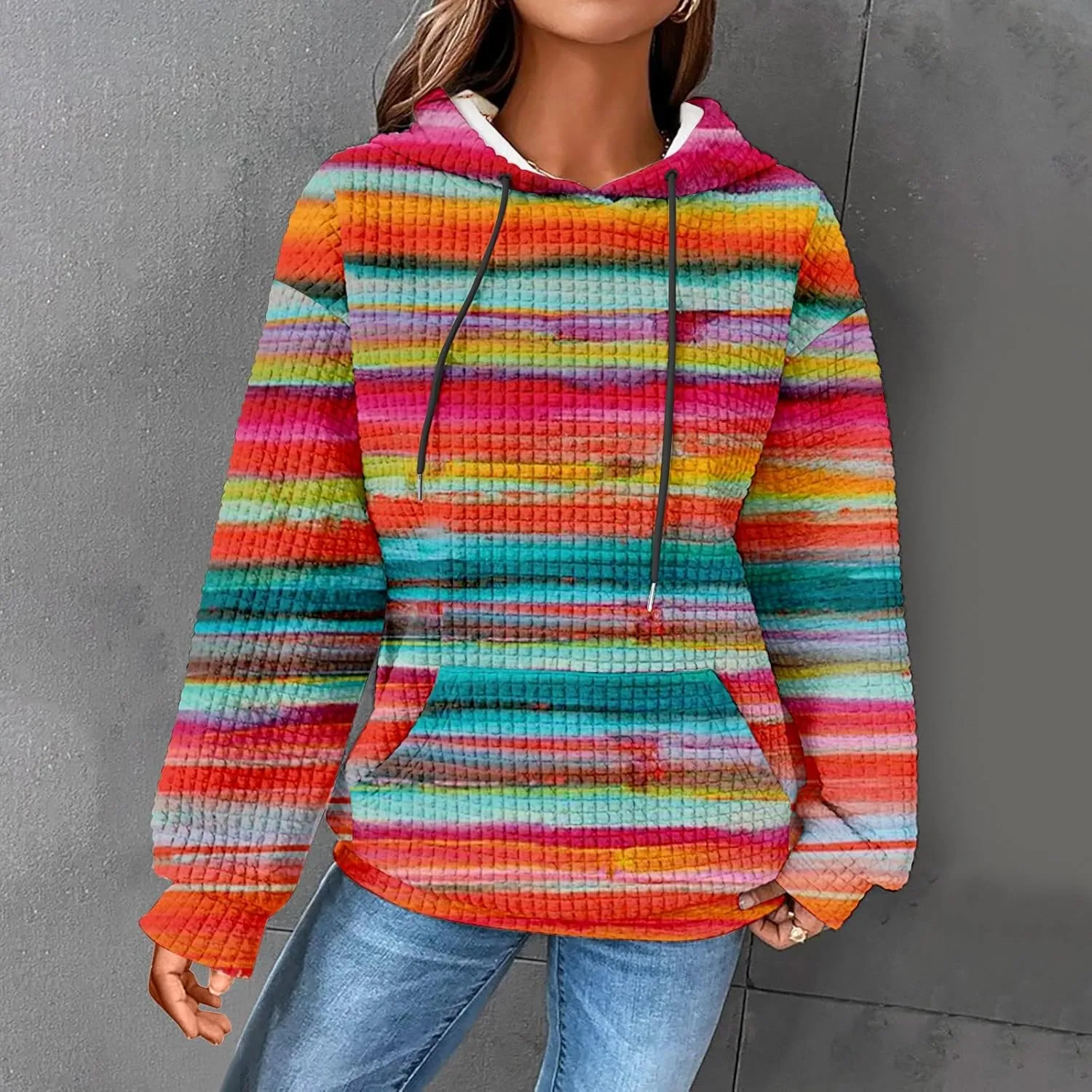 SHAOBGE Hoodies For Women Casual Pullover Waffle Long Sleeve Drawstring Hooded Sweatshirt with Pocket