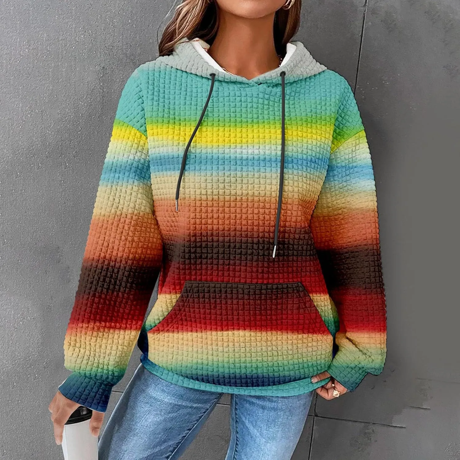 SHAOBGE Hoodies For Women Casual Pullover Waffle Long Sleeve Drawstring Hooded Sweatshirt with Pocket