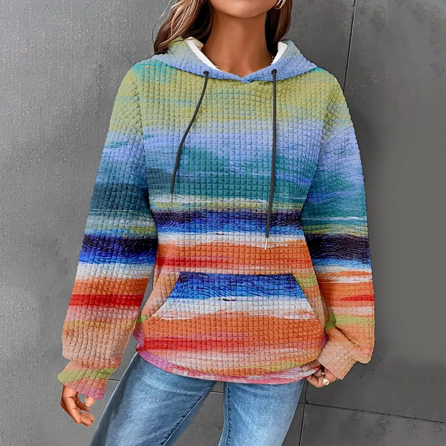SHAOBGE Hoodies For Women Casual Pullover Waffle Long Sleeve Drawstring Hooded Sweatshirt with Pocket