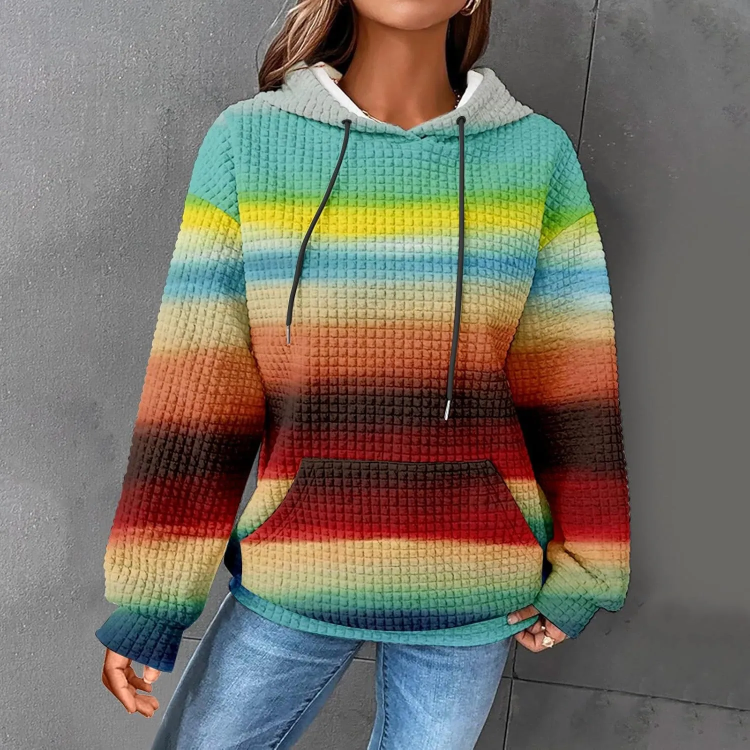 SHAOBGE Hoodies For Women Casual Pullover Waffle Long Sleeve Drawstring Hooded Sweatshirt with Pocket
