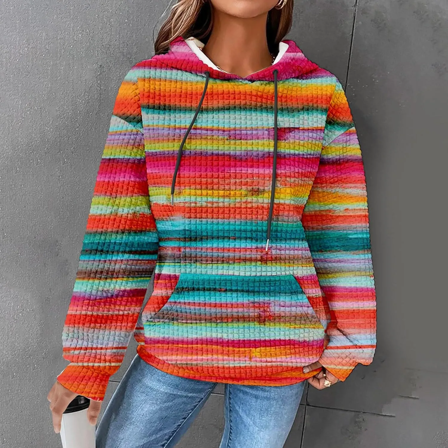 SHAOBGE Hoodies For Women Casual Pullover Waffle Long Sleeve Drawstring Hooded Sweatshirt with Pocket