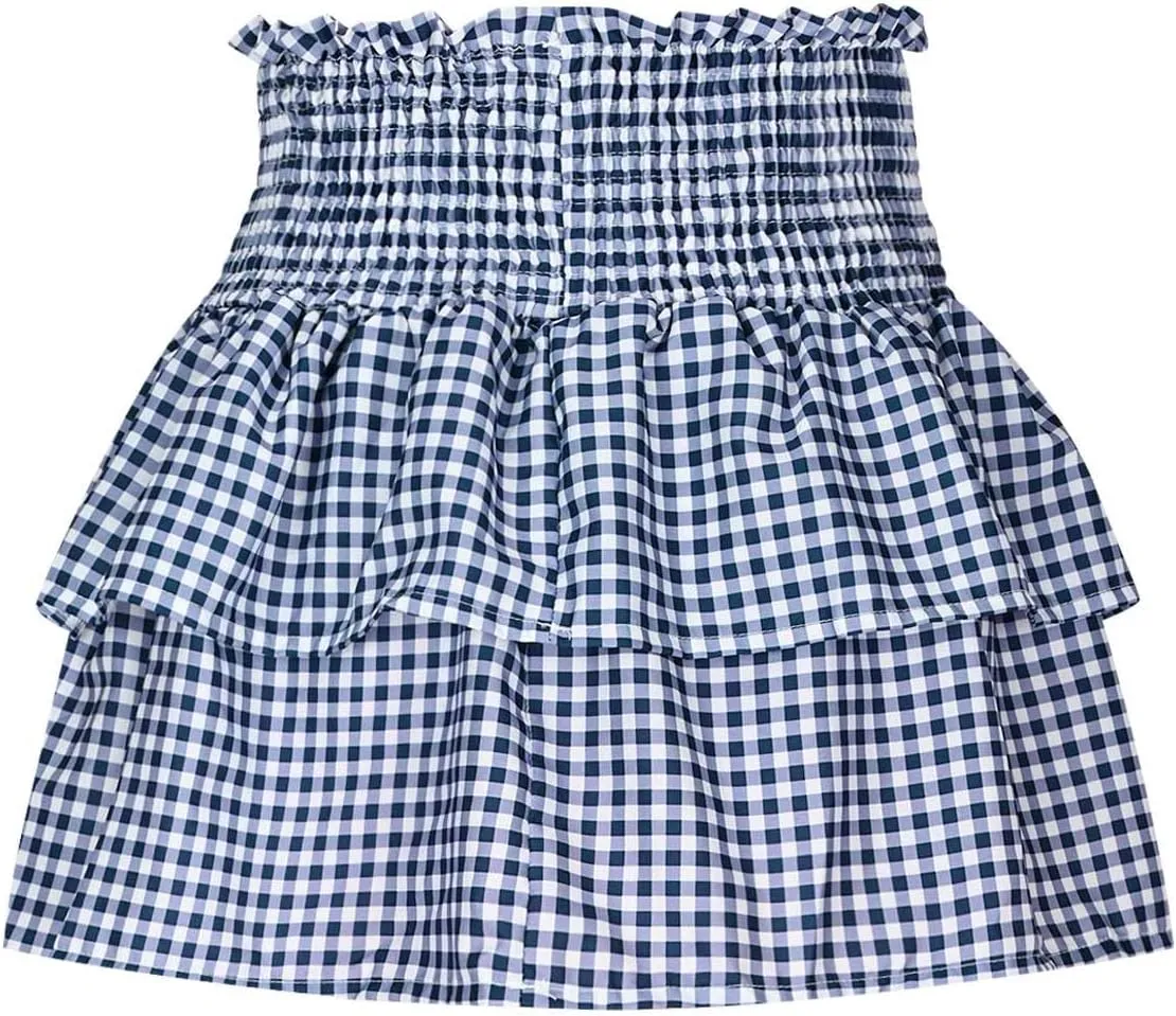 Short Skirts for Women Plaid Mini Skirts Flowy High Waisted Skirts Lace Sexy Skirts Trendy Elastic Tiered Skirt