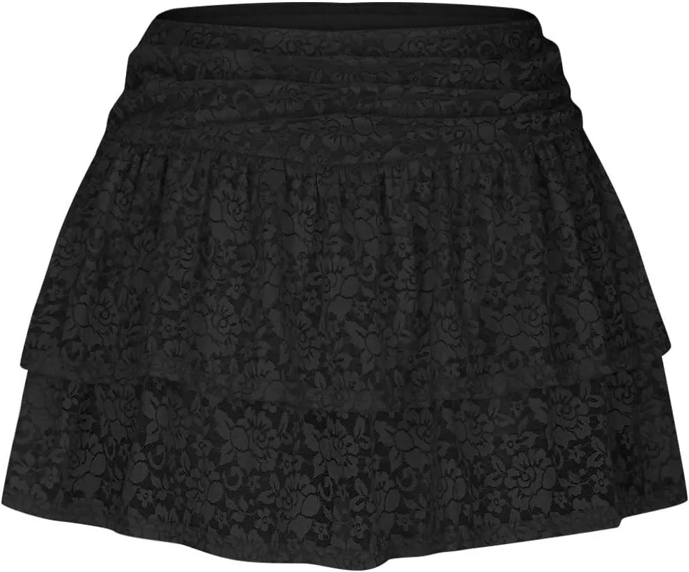 Short Skirts for Women Plaid Mini Skirts Flowy High Waisted Skirts Lace Sexy Skirts Trendy Elastic Tiered Skirt