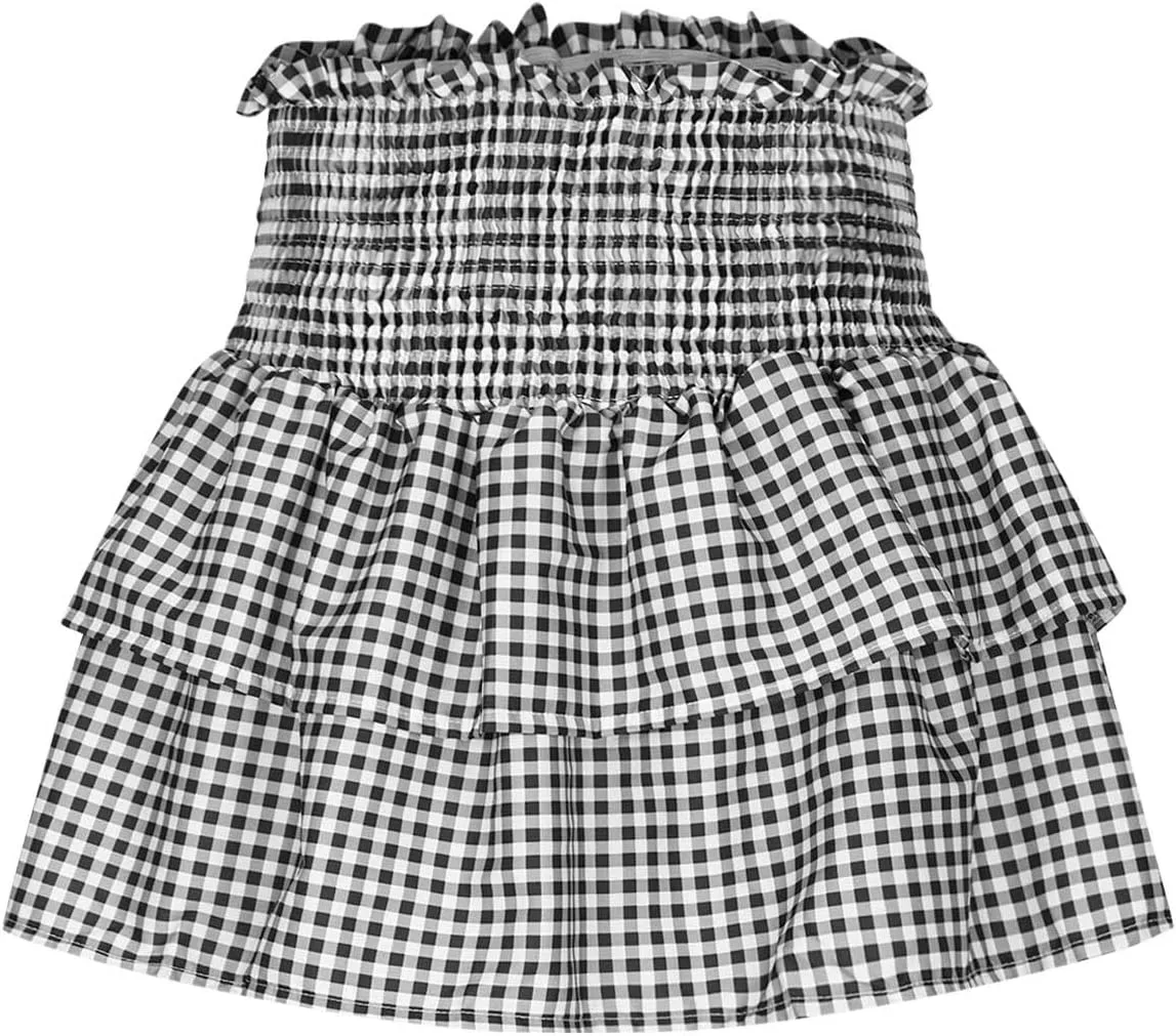 Short Skirts for Women Plaid Mini Skirts Flowy High Waisted Skirts Lace Sexy Skirts Trendy Elastic Tiered Skirt