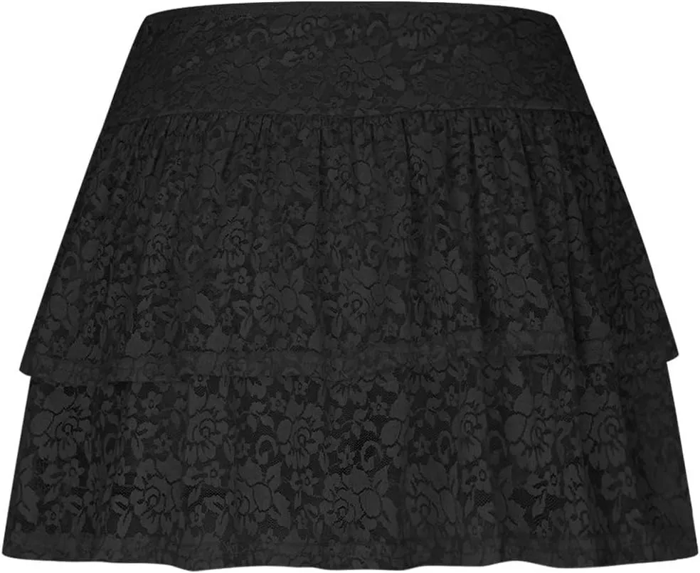 Short Skirts for Women Plaid Mini Skirts Flowy High Waisted Skirts Lace Sexy Skirts Trendy Elastic Tiered Skirt
