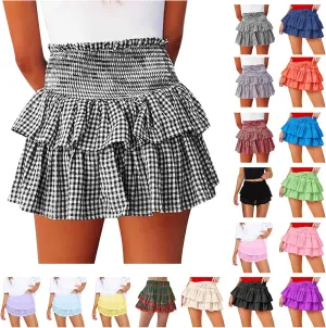 Short Skirts for Women Plaid Mini Skirts Flowy High Waisted Skirts Lace Sexy Skirts Trendy Elastic Tiered Skirt