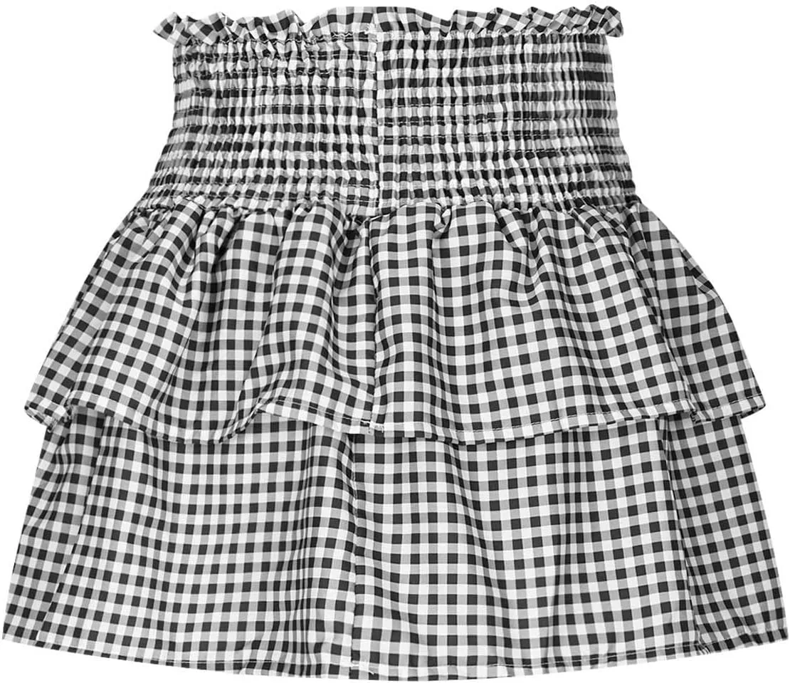 Short Skirts for Women Plaid Mini Skirts Flowy High Waisted Skirts Lace Sexy Skirts Trendy Elastic Tiered Skirt