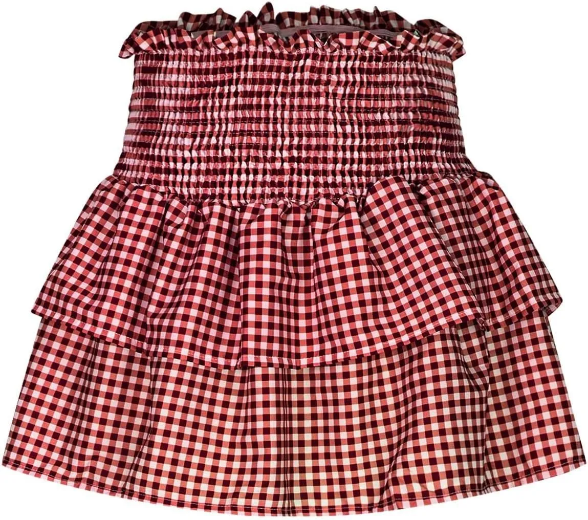 Short Skirts for Women Plaid Mini Skirts Flowy High Waisted Skirts Lace Sexy Skirts Trendy Elastic Tiered Skirt
