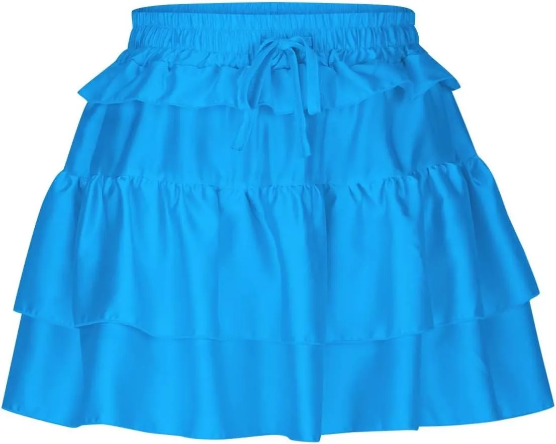 Short Skirts for Women Plaid Mini Skirts Flowy High Waisted Skirts Lace Sexy Skirts Trendy Elastic Tiered Skirt