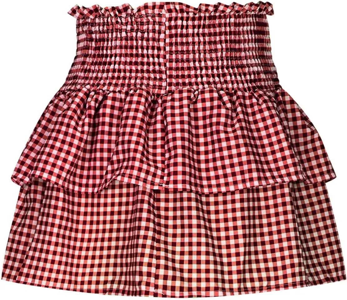 Short Skirts for Women Plaid Mini Skirts Flowy High Waisted Skirts Lace Sexy Skirts Trendy Elastic Tiered Skirt