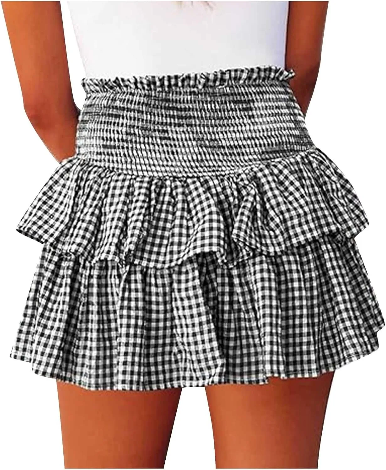 Short Skirts for Women Plaid Mini Skirts Flowy High Waisted Skirts Lace Sexy Skirts Trendy Elastic Tiered Skirt