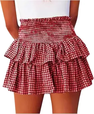 Short Skirts for Women Plaid Mini Skirts Flowy High Waisted Skirts Lace Sexy Skirts Trendy Elastic Tiered Skirt