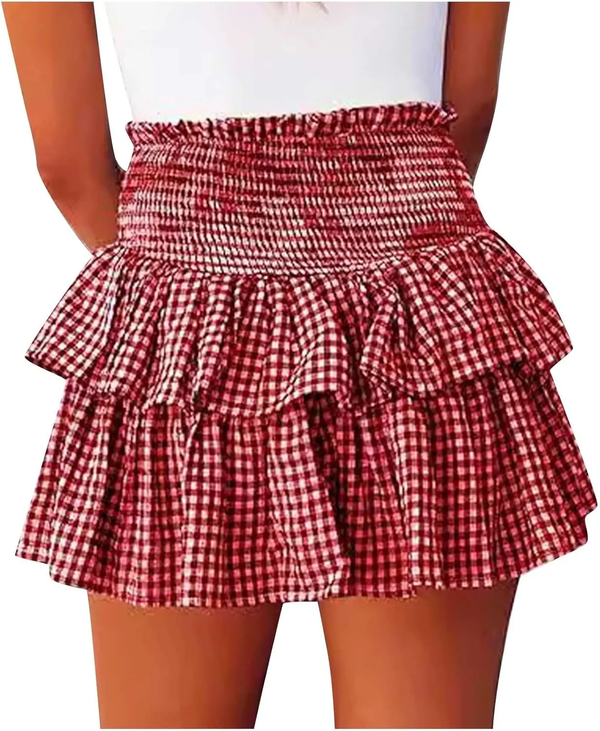 Short Skirts for Women Plaid Mini Skirts Flowy High Waisted Skirts Lace Sexy Skirts Trendy Elastic Tiered Skirt