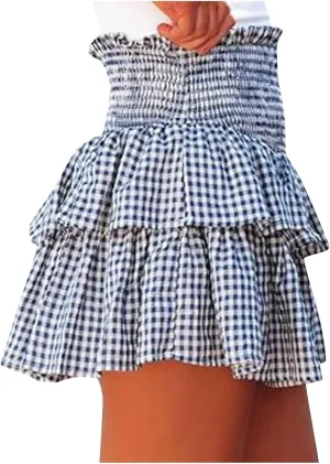 Short Skirts for Women Plaid Mini Skirts Flowy High Waisted Skirts Lace Sexy Skirts Trendy Elastic Tiered Skirt