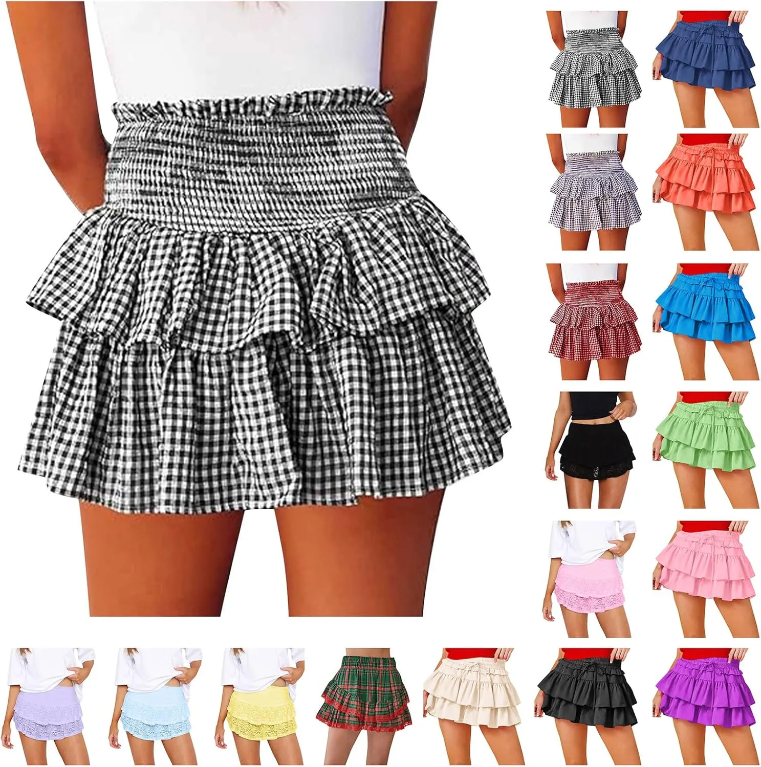 Short Skirts for Women Plaid Mini Skirts Flowy High Waisted Skirts Lace Sexy Skirts Trendy Elastic Tiered Skirt