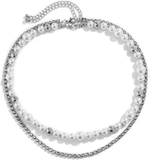 Silver Necklaces Jewelry, Necklaces Chains Double Layer Pearl and Cubic Zirconia Chain Holiday Necklace Alloy 47cm