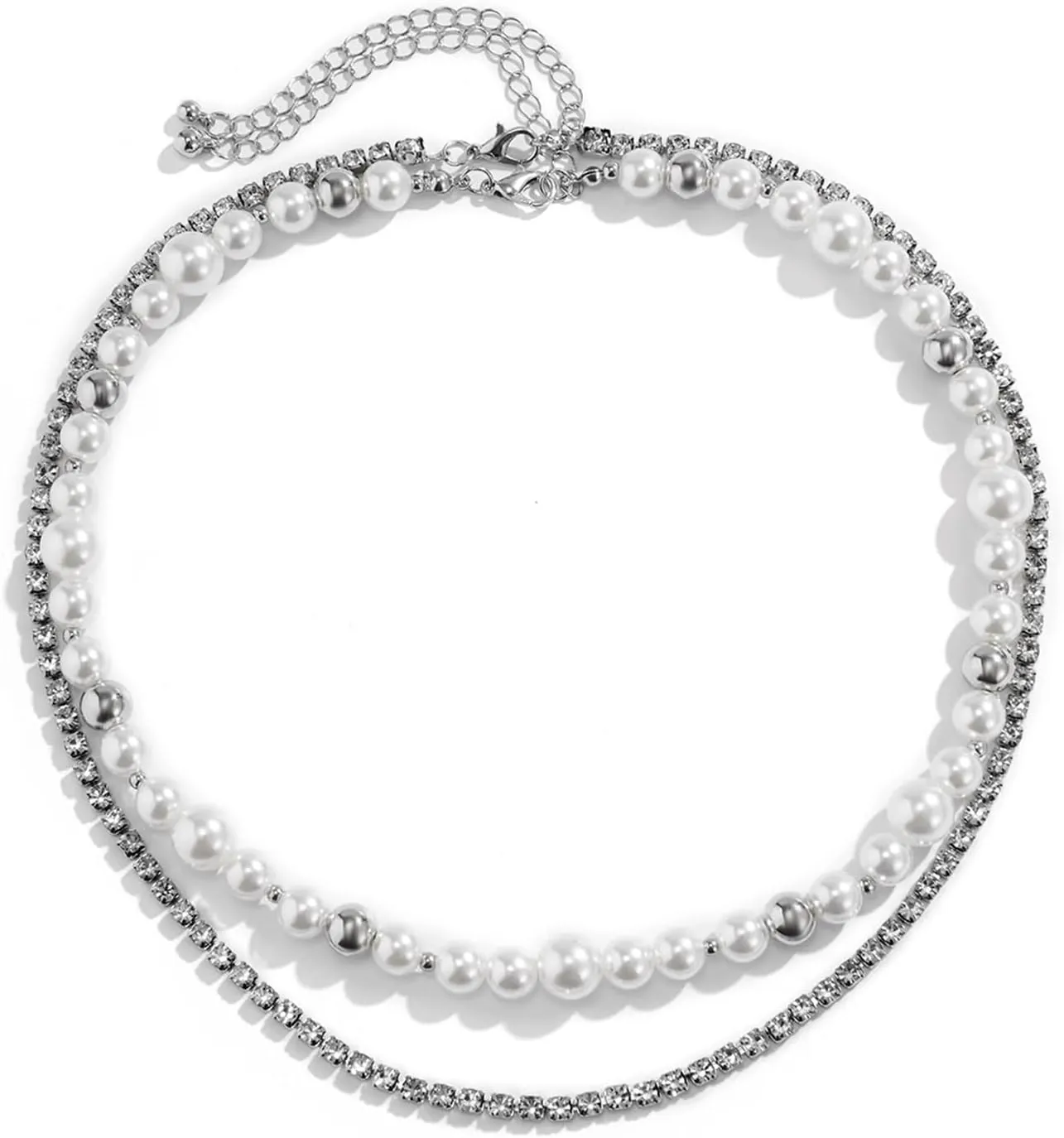 Silver Necklaces Jewelry, Necklaces Chains Double Layer Pearl and Cubic Zirconia Chain Holiday Necklace Alloy 47cm