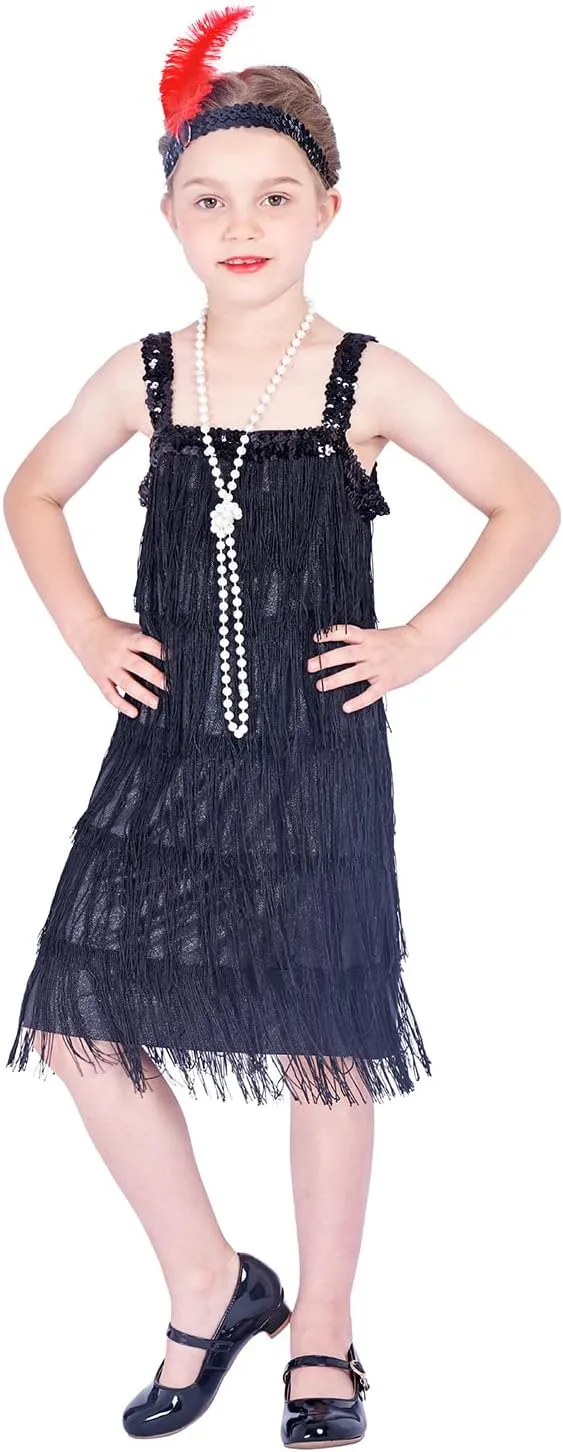 Sincere Party Roaring the 20s Flapper Costume Dress with Pearl Necklace,Feather Headband for Girls