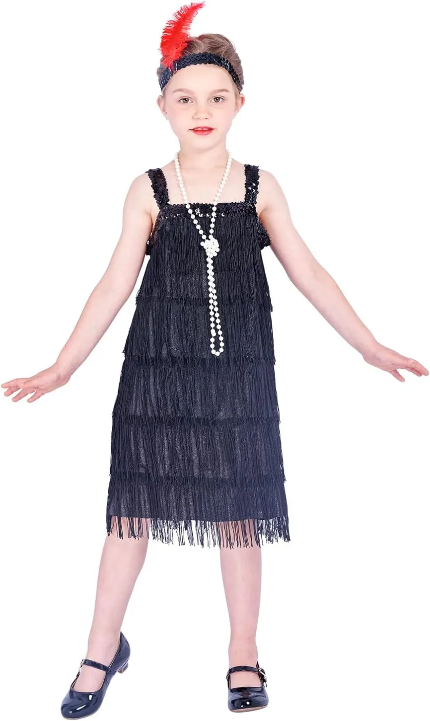Sincere Party Roaring the 20s Flapper Costume Dress with Pearl Necklace,Feather Headband for Girls