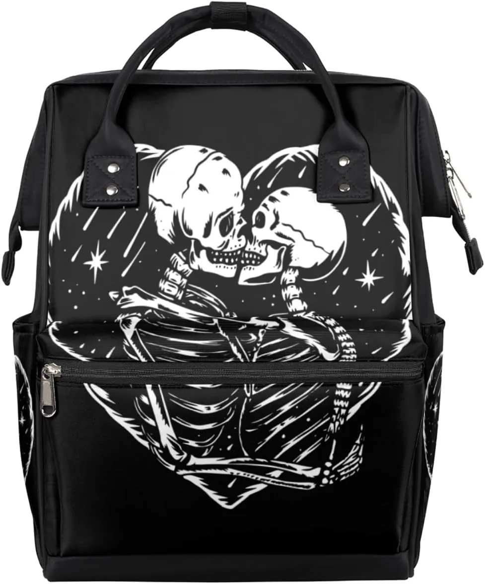 Skeleton Skull Love Kiss Diaper Bag Tote Large Capacity Waterproof with Adjustable Shoulder Strap and Pram Straps Mommy Bag for Hospital Beach Weekender Travel
