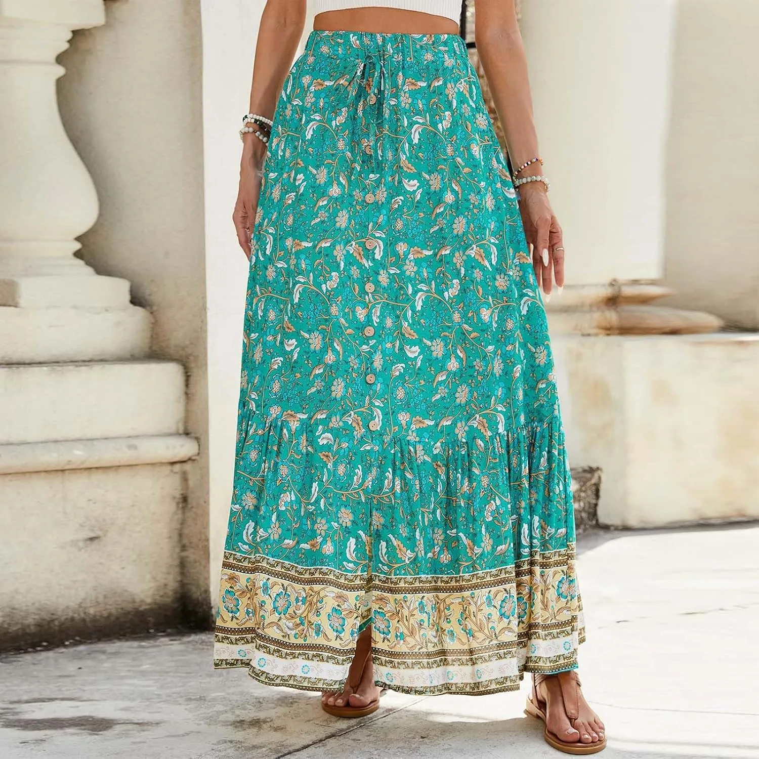 Skirts for Women Boho High Waisted Flowy Drawstring Ruched Casual Skirt Elastic Waist Elegant Patchwork Beach Skorts