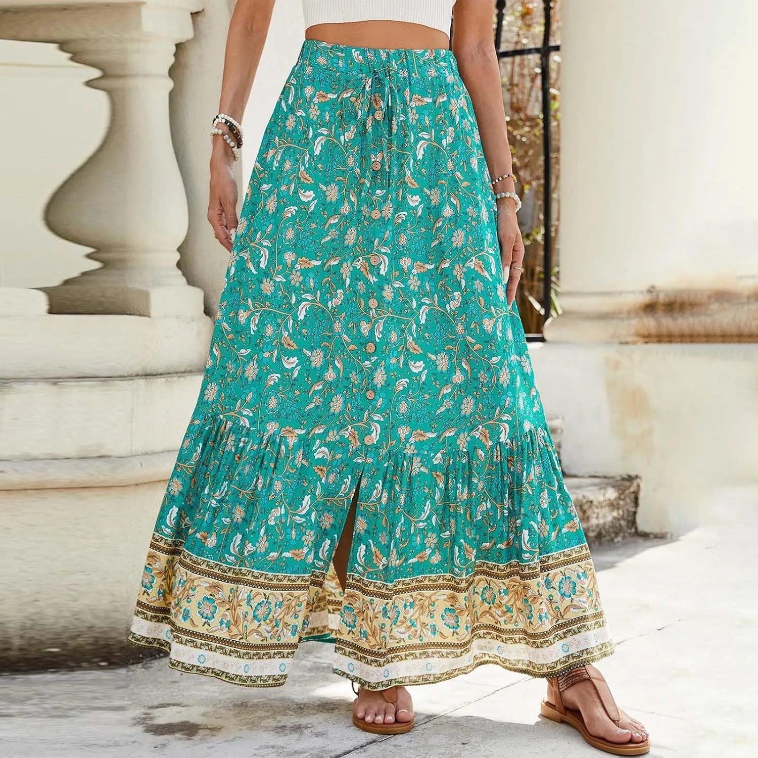 Skirts for Women Boho High Waisted Flowy Drawstring Ruched Casual Skirt Elastic Waist Elegant Patchwork Beach Skorts