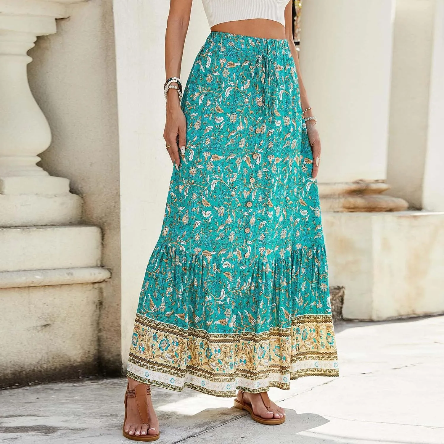 Skirts for Women Boho High Waisted Flowy Drawstring Ruched Casual Skirt Elastic Waist Elegant Patchwork Beach Skorts