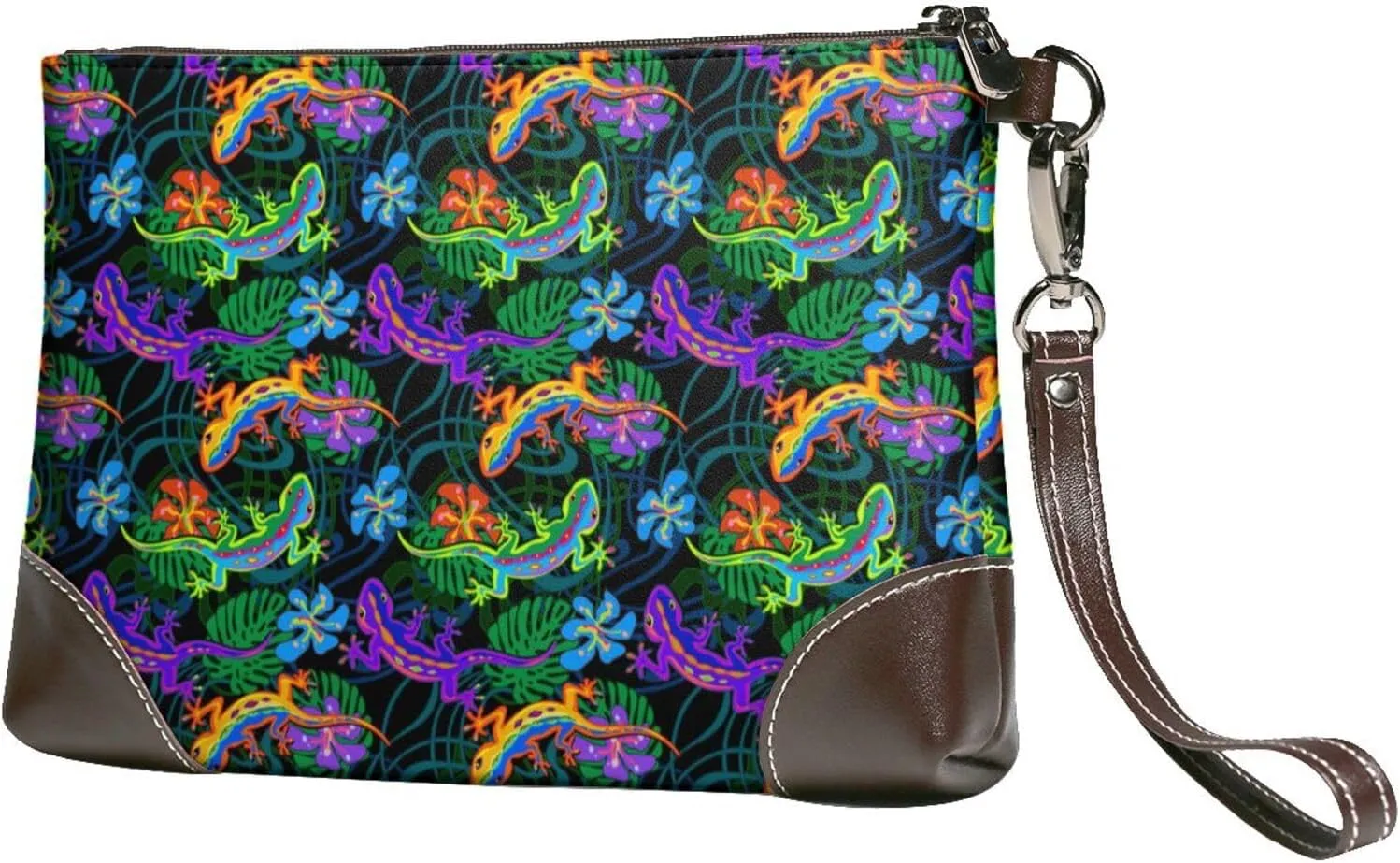 Small Clutch Purses for Women - Artistic Colorful Gecko Lizard Leather Wristlet Wallets for Women with Wrist Strap