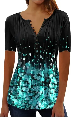 SMIDOW Plus Size Tunic Tops for Women Trendy 2024 Boho Floral Shirts Short Sleeve Notch v Neck t-Shirt Graphic Tees Blouse