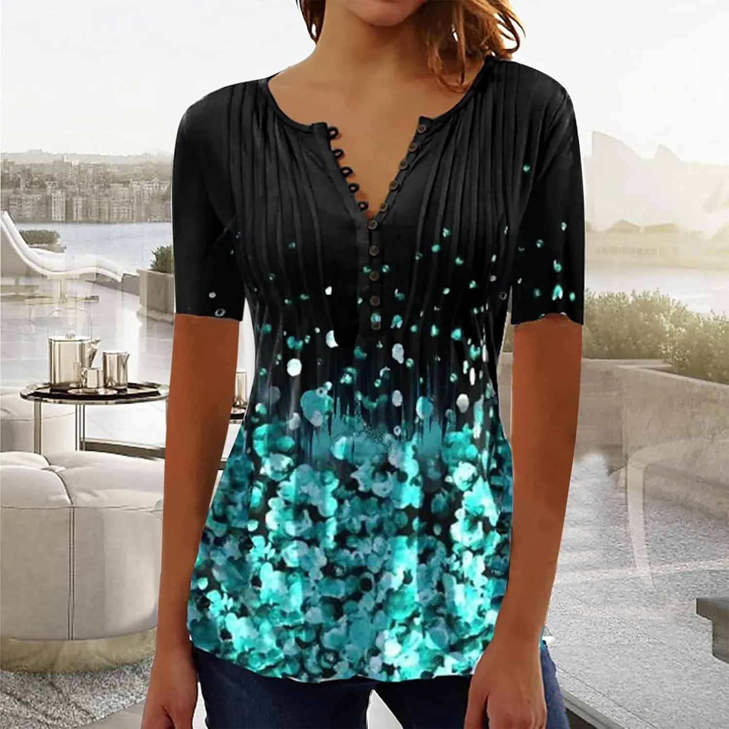 SMIDOW Plus Size Tunic Tops for Women Trendy 2024 Boho Floral Shirts Short Sleeve Notch v Neck t-Shirt Graphic Tees Blouse