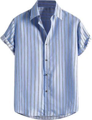 SMIDOW Summer Casual Striped Button Down Hawaiian Shirts for Men Short Sleeve Regular Fit Beach Holiday Aloha Shirt Trendy