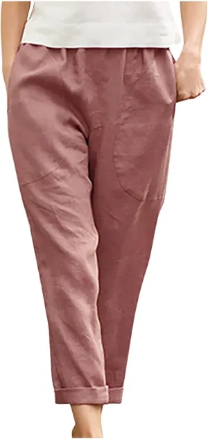 SMIDOW Women's Plus Size Cotton Linen Cuff Pants Capri Pants Cropped Pants Tapered Pants Workout Business Pants