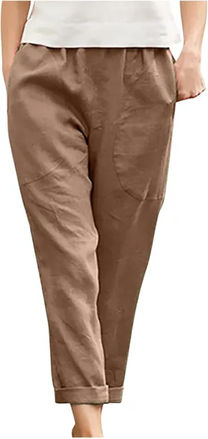 SMIDOW Women's Plus Size Cotton Linen Cuff Pants Capri Pants Cropped Pants Tapered Pants Workout Business Pants