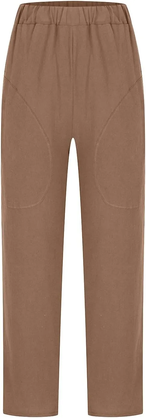 SMIDOW Women's Plus Size Cotton Linen Cuff Pants Capri Pants Cropped Pants Tapered Pants Workout Business Pants