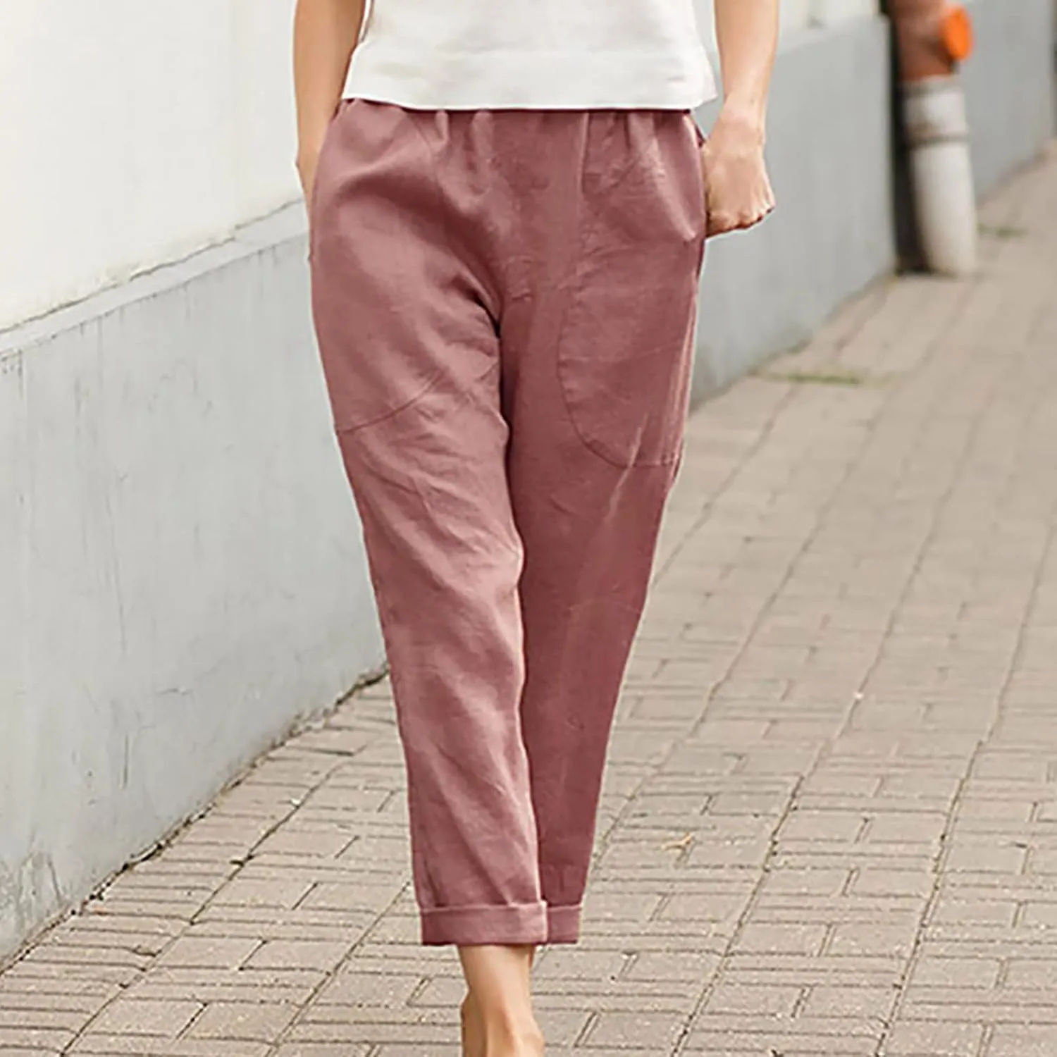 SMIDOW Women's Plus Size Cotton Linen Cuff Pants Capri Pants Cropped Pants Tapered Pants Workout Business Pants