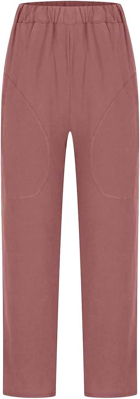 SMIDOW Women's Plus Size Cotton Linen Cuff Pants Capri Pants Cropped Pants Tapered Pants Workout Business Pants
