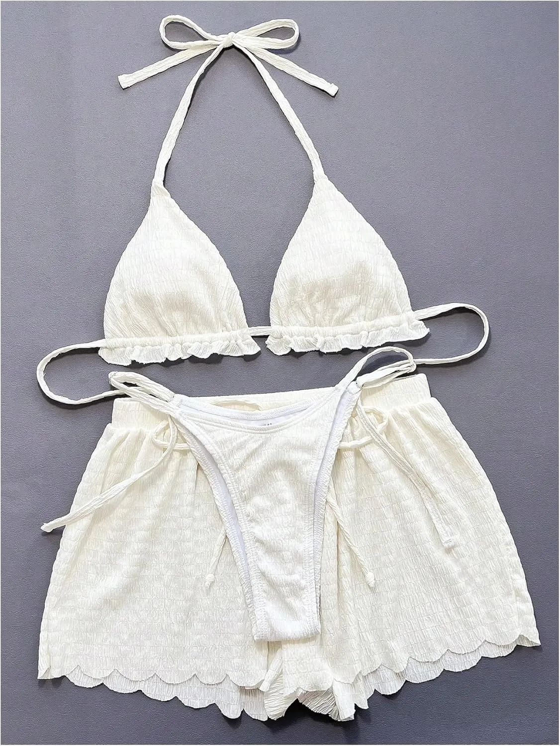 SOLY HUX Women's 3 Piece Bikini Sets Frill Trim Halter Swimsuit Backless Textured Bathing Suit with Shorts