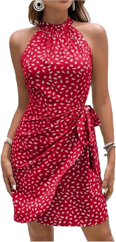 Spevert Women's Summer Mini Dress Sleeveless Halte Casual Dresses Boho Floral Beach Mini Dresses with Belt