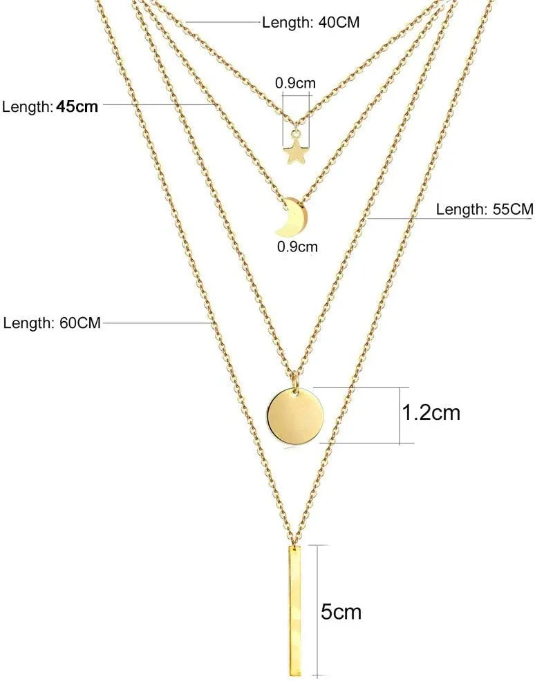 Stainless Steel Chain Round Coin Moon Bar Pendants Necklaces For Women Multi Layered Necklaces (Gold-color- )