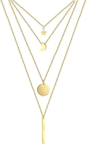 Stainless Steel Chain Round Coin Moon Bar Pendants Necklaces For Women Multi Layered Necklaces (Gold-color- )