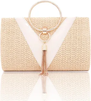 Straw Evening Bag for Women Handwoven Clutch with Tassel Handbag With Detachable Chain Bridal Wedding Purse