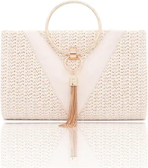 Straw Evening Bag for Women Handwoven Clutch with Tassel Handbag With Detachable Chain Bridal Wedding Purse