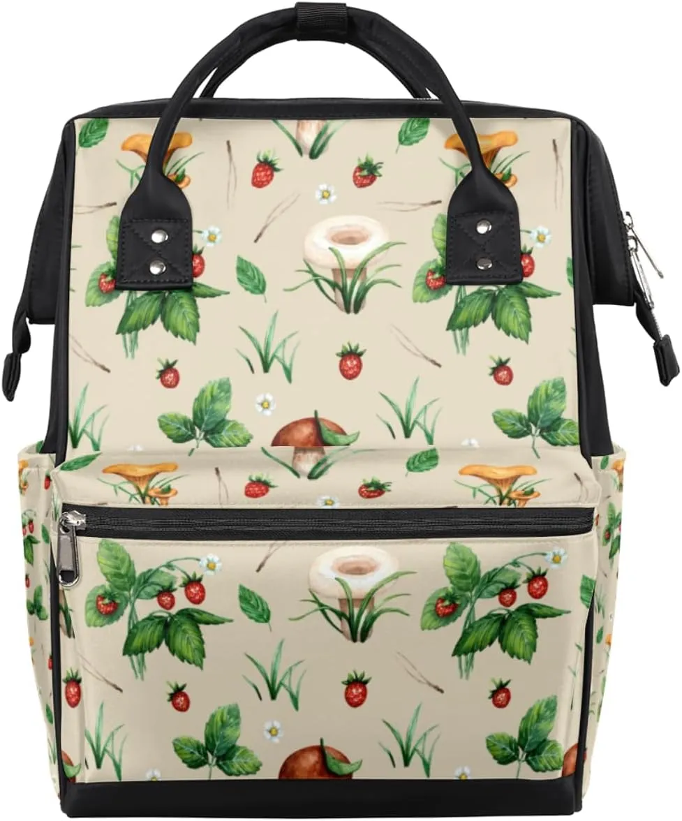 Strawberry Mushrooms Diaper Bag Tote Large Capacity Waterproof with Adjustable Shoulder Strap and Pram Straps Mommy Bag for Hospital Beach Weekender Travel