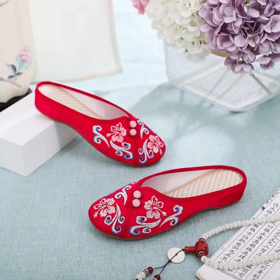 Stunner Flat Mules for Women Round Toe Vintage Embroidered Slip on Loafers Backless Mules