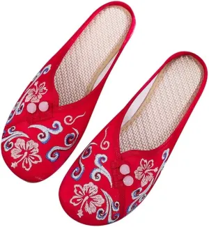 Stunner Flat Mules for Women Round Toe Vintage Embroidered Slip on Loafers Backless Mules