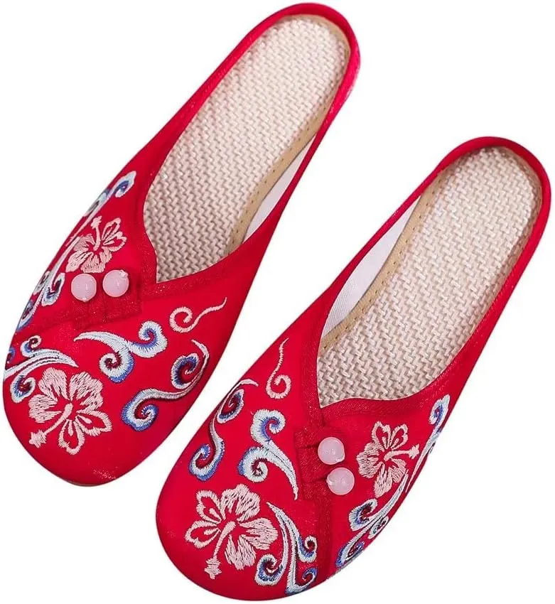 Stunner Flat Mules for Women Round Toe Vintage Embroidered Slip on Loafers Backless Mules