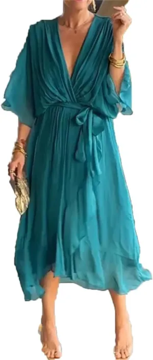 Stylish and Elegant V-Neck Maxi Dress, Artistic Style Loose Chiffon Long Dress, Formal Evening Gowns Bride Dress Skirt