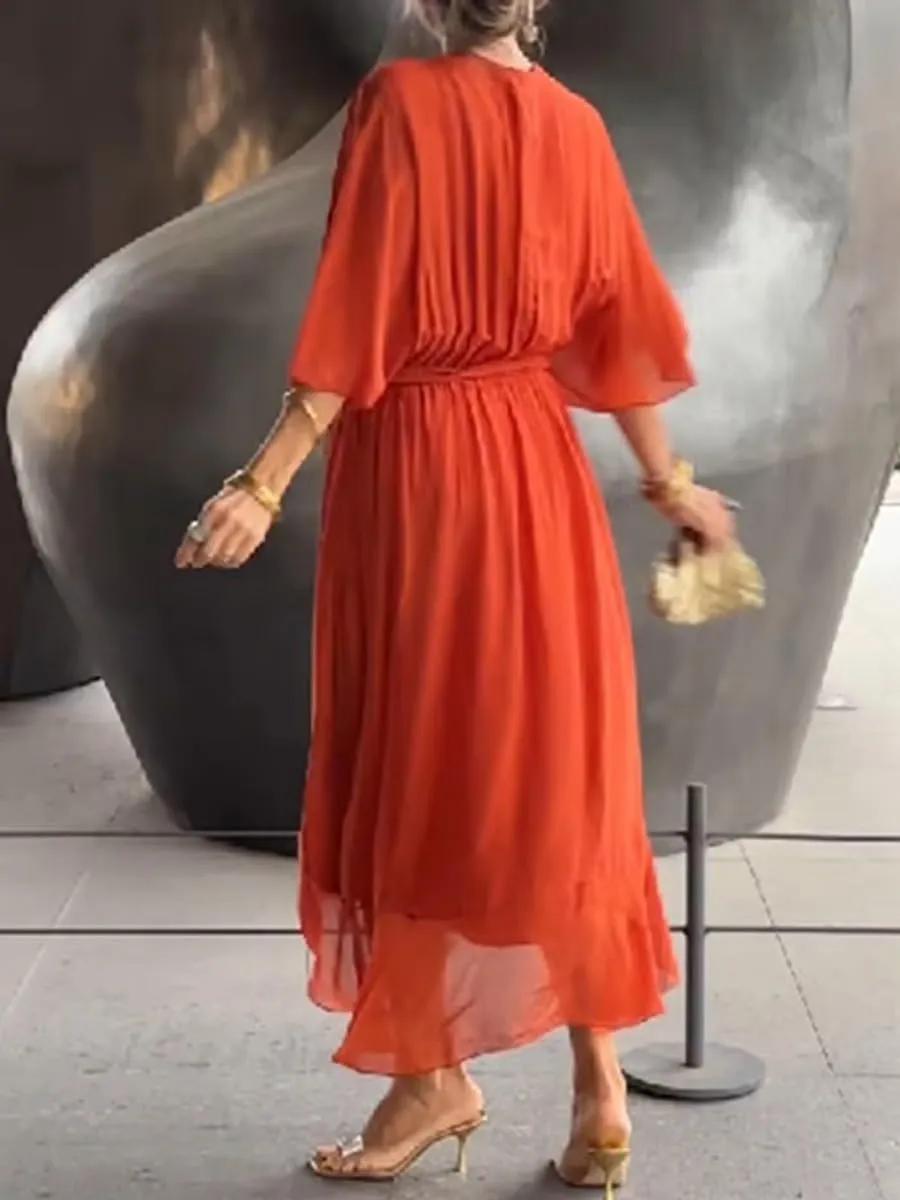 Stylish and Elegant V-Neck Maxi Dress, Artistic Style Loose Chiffon Long Dress, Formal Evening Gowns Bride Dress Skirt