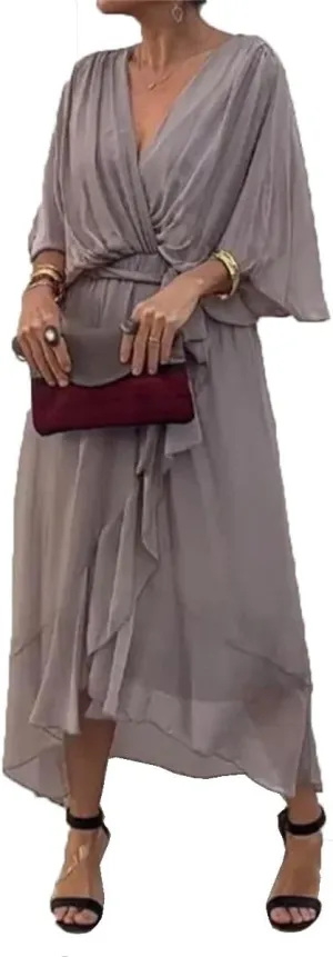 Stylish and Elegant V-Neck Maxi Dress, Artistic Style Loose Chiffon Long Dress, Formal Evening Gowns Bride Dress Skirt